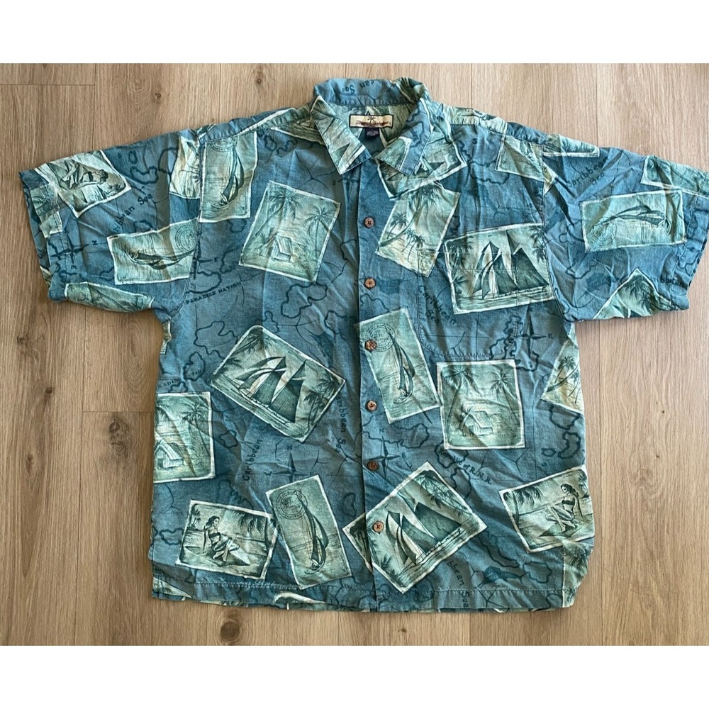 Tommy Bahama Vintage Mens L 100% Silk Hawaiian Shirt Blue Sailboat Scenic Aloha